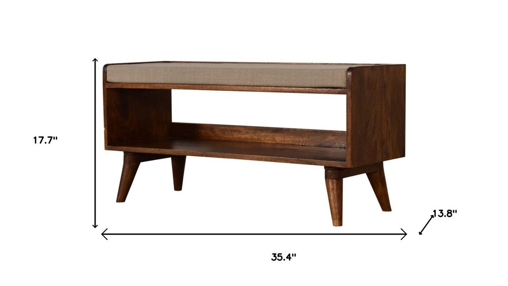 35" Beige and Brown Linen and Solid Wood Upholstered Storage Bench With Shoe Storage