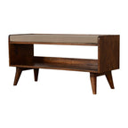 35" Beige and Brown Linen and Solid Wood Upholstered Storage Bench With Shoe Storage