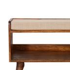 35" Beige and Brown Linen and Solid Wood Upholstered Storage Bench With Shoe Storage