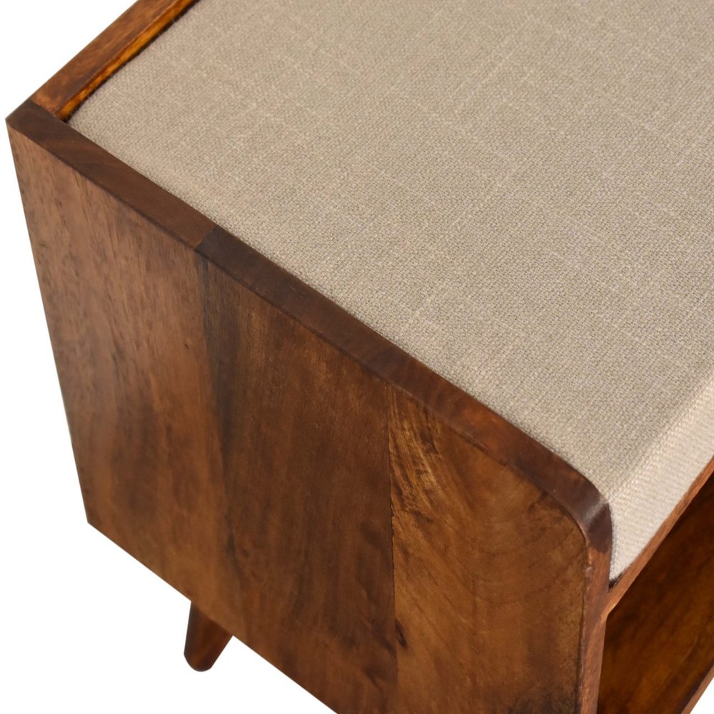 35" Beige and Brown Linen and Solid Wood Upholstered Storage Bench With Shoe Storage