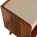 35" Beige and Brown Linen and Solid Wood Upholstered Storage Bench With Shoe Storage