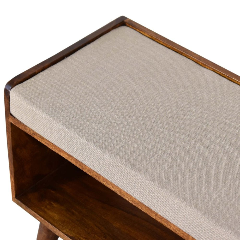 35" Beige And Brown Linen And Solid Wood Upholstered Storage Bench With Shoe Storage