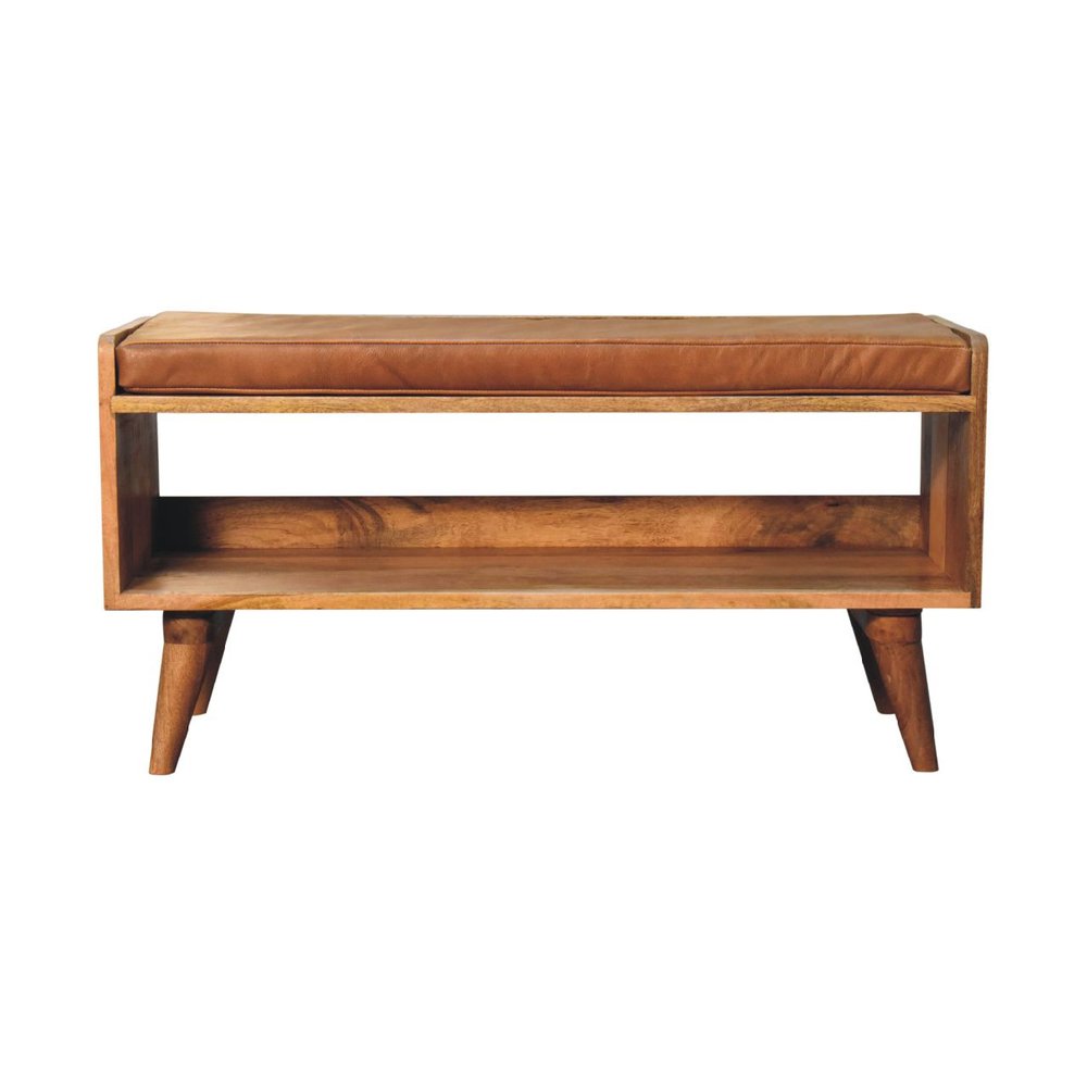 35" Tan And Brown Genuine Leather And Solid Wood Upholstered Storage Bench With Shoe Storage