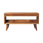 35" Tan and Brown Genuine Leather and Solid Wood Upholstered Storage Bench With Shoe Storage