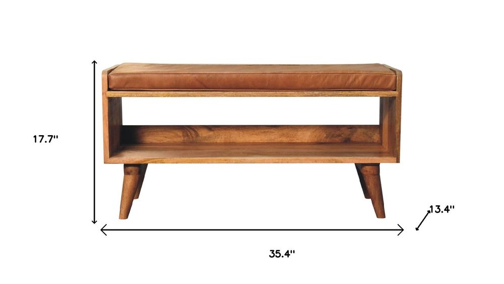 35" Tan and Brown Genuine Leather and Solid Wood Upholstered Storage Bench With Shoe Storage