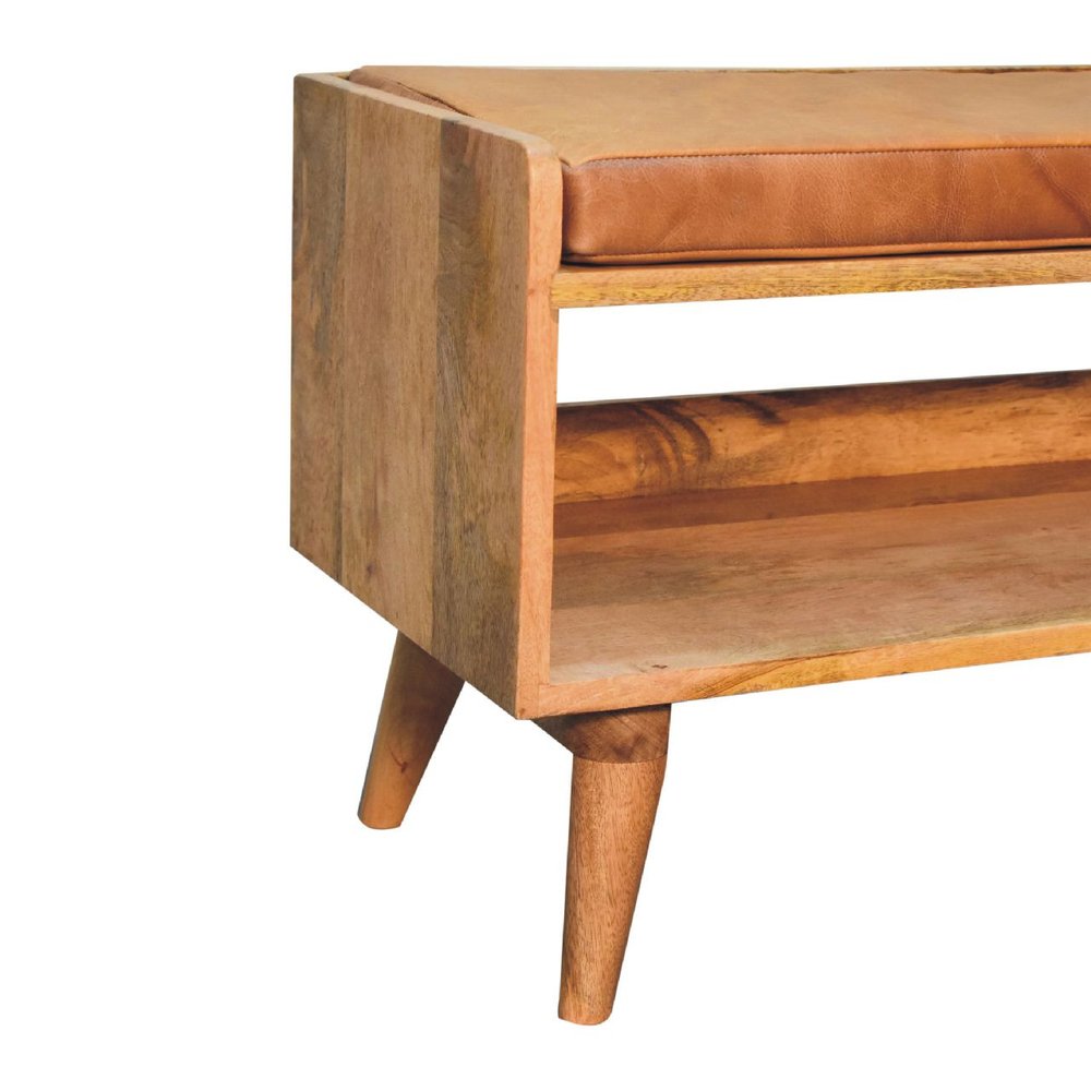 35" Tan and Brown Genuine Leather and Solid Wood Upholstered Storage Bench With Shoe Storage