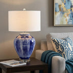26" Blue And Clear Urn Table Lamp With Drum Shade