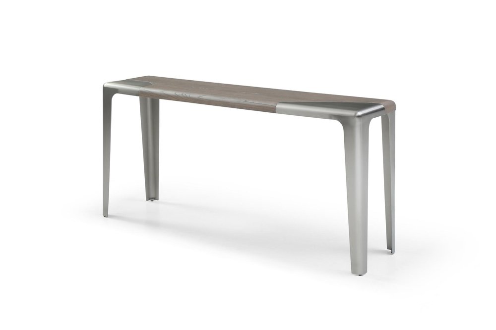 63" Light Gray and Nickel Wood and Stainless Steel Console Table