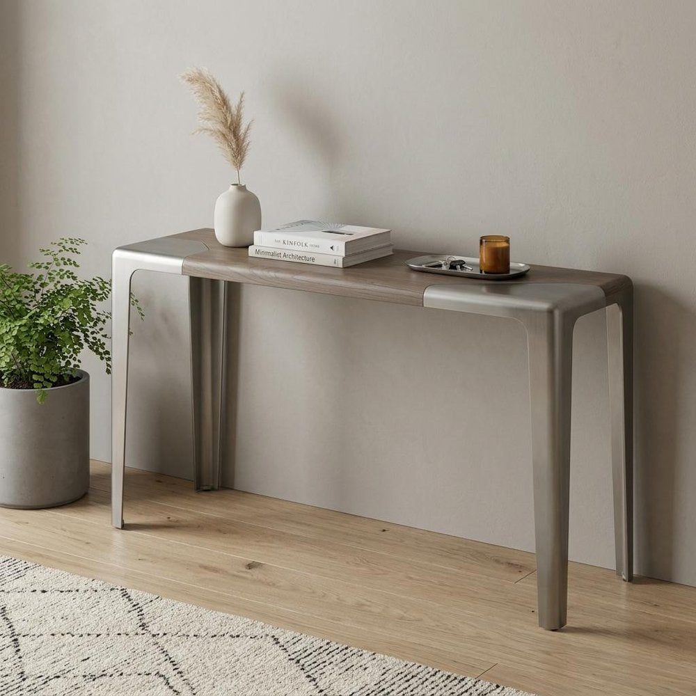 63" Light Gray and Nickel Wood and Stainless Steel Console Table