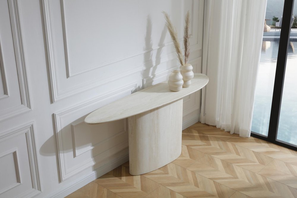 71" Beige Genuine Marble Oval Pedestal Console Table