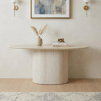 71" Beige Genuine Marble Oval Pedestal Console Table