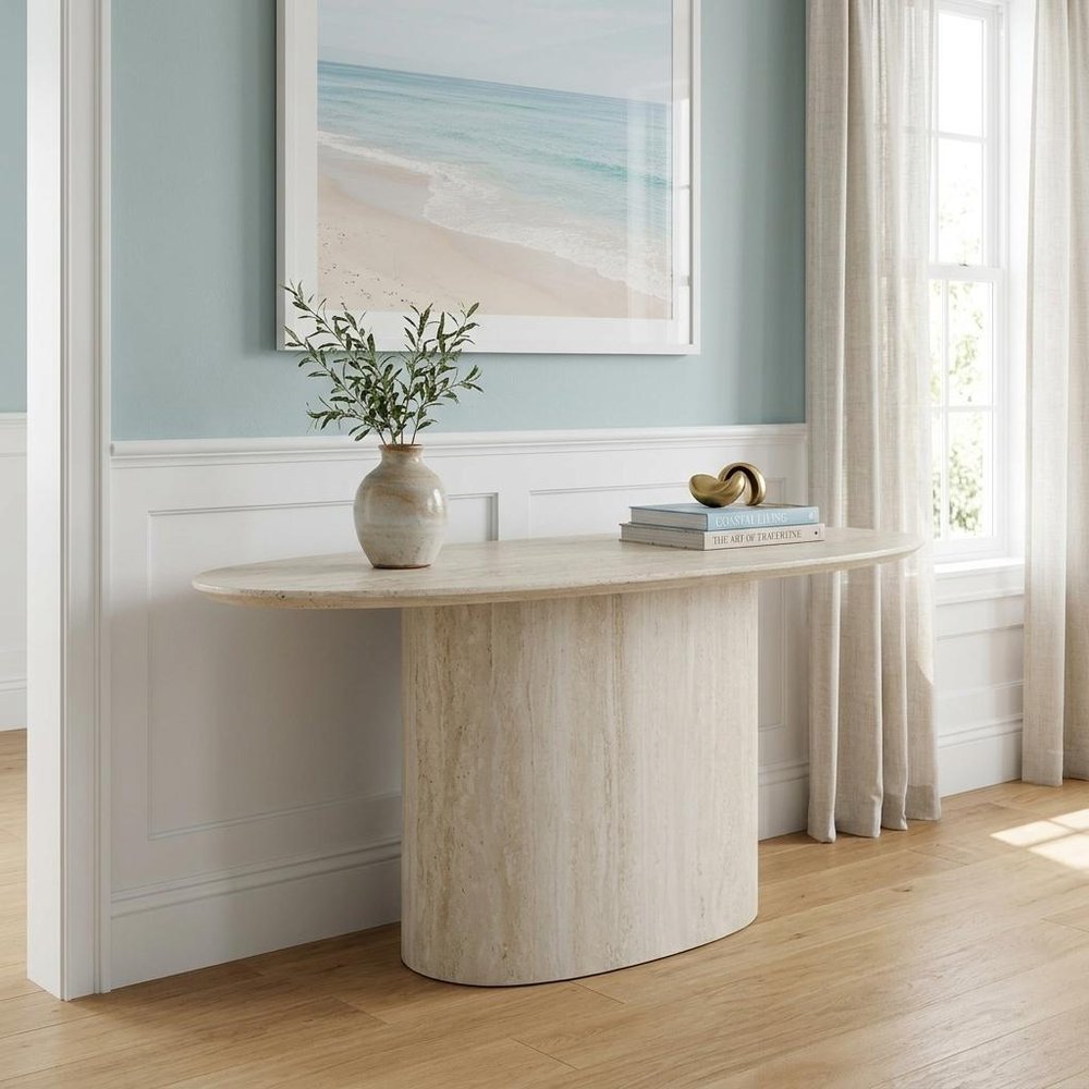 71" Beige Genuine Marble Oval Pedestal Console Table