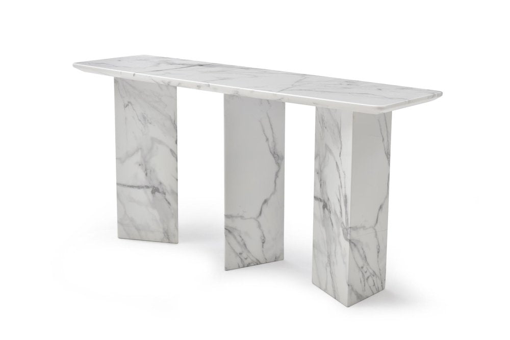 60" Gray and White Genuine Marble Three Leg Console Table