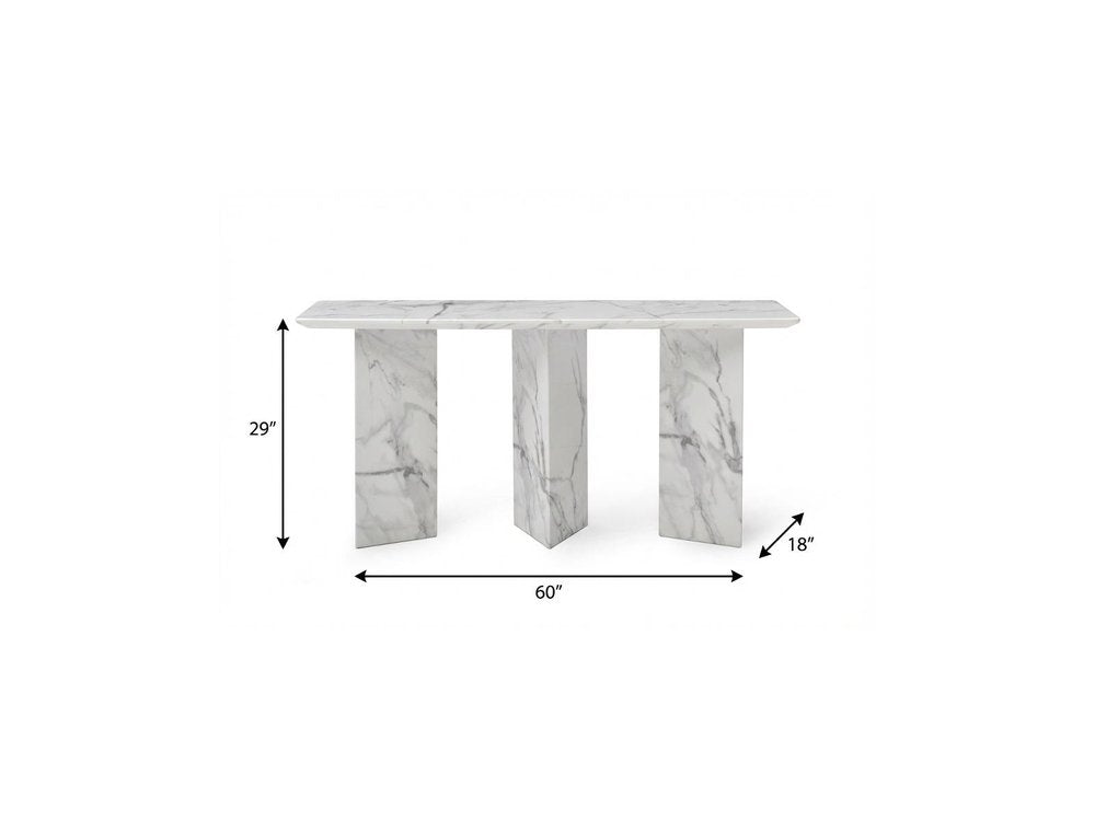 60" Gray and White Genuine Marble Three Leg Console Table