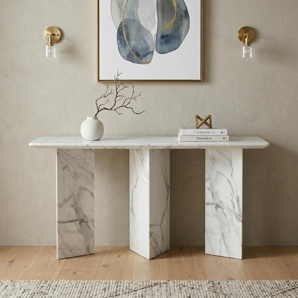 60" Gray and White Genuine Marble Three Leg Console Table