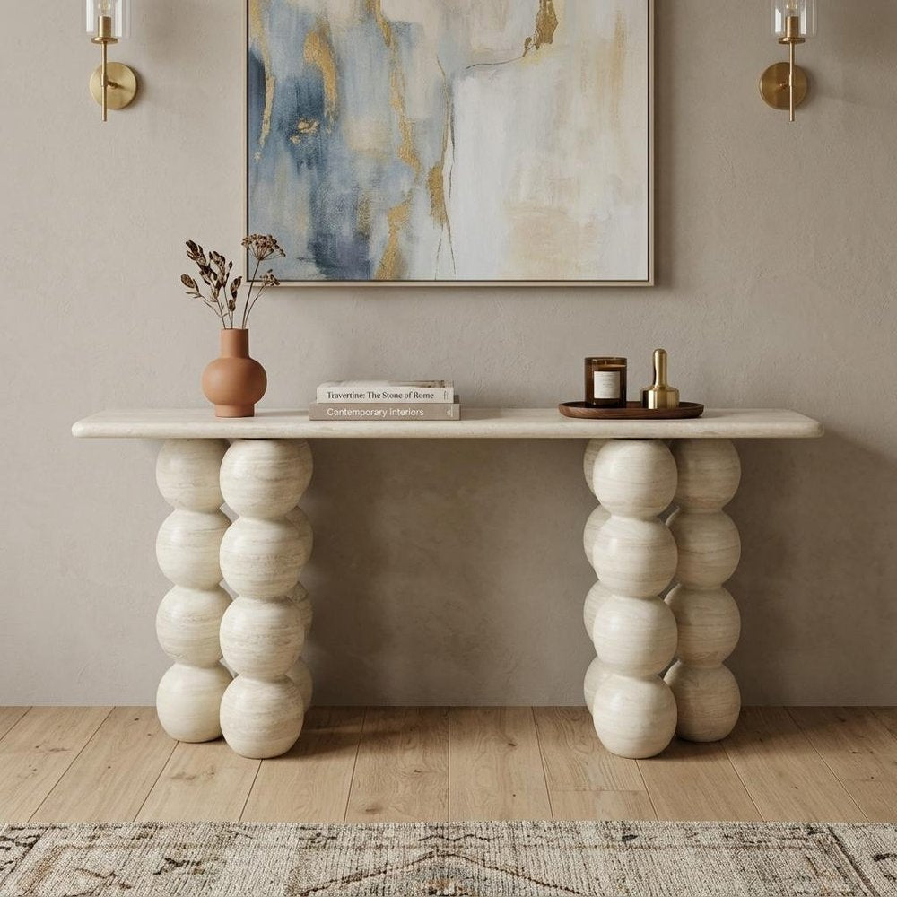 75" Beige Genuine Marble Double Pedestal Console Table