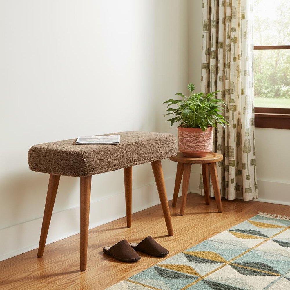 31" Brown Faux Fur and Solid Wood Upholstered Bench