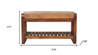 32" Tan and Brown Genuine Leather and Solid Wood Upholstered Storage Bench With Shelves