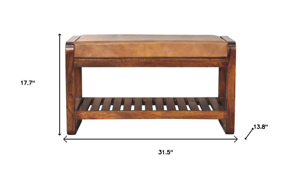 32" Tan and Brown Genuine Leather and Solid Wood Upholstered Storage Bench With Shelves