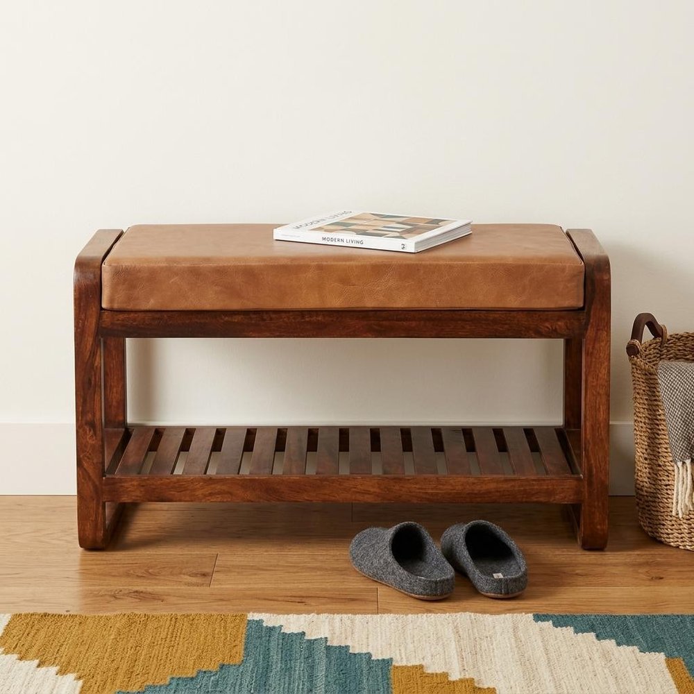 32" Tan And Brown Genuine Leather And Solid Wood Upholstered Storage Bench With Shelves