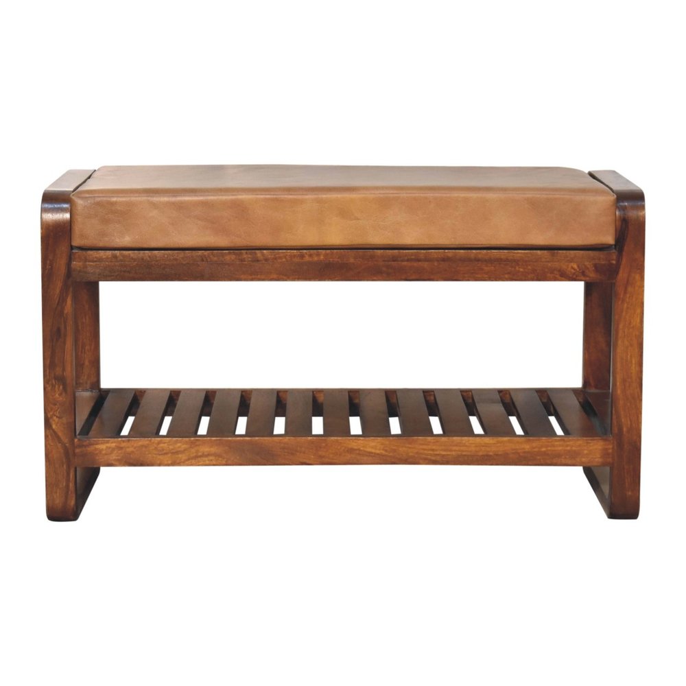 32" Tan and Brown Genuine Leather and Solid Wood Upholstered Storage Bench With Shelves