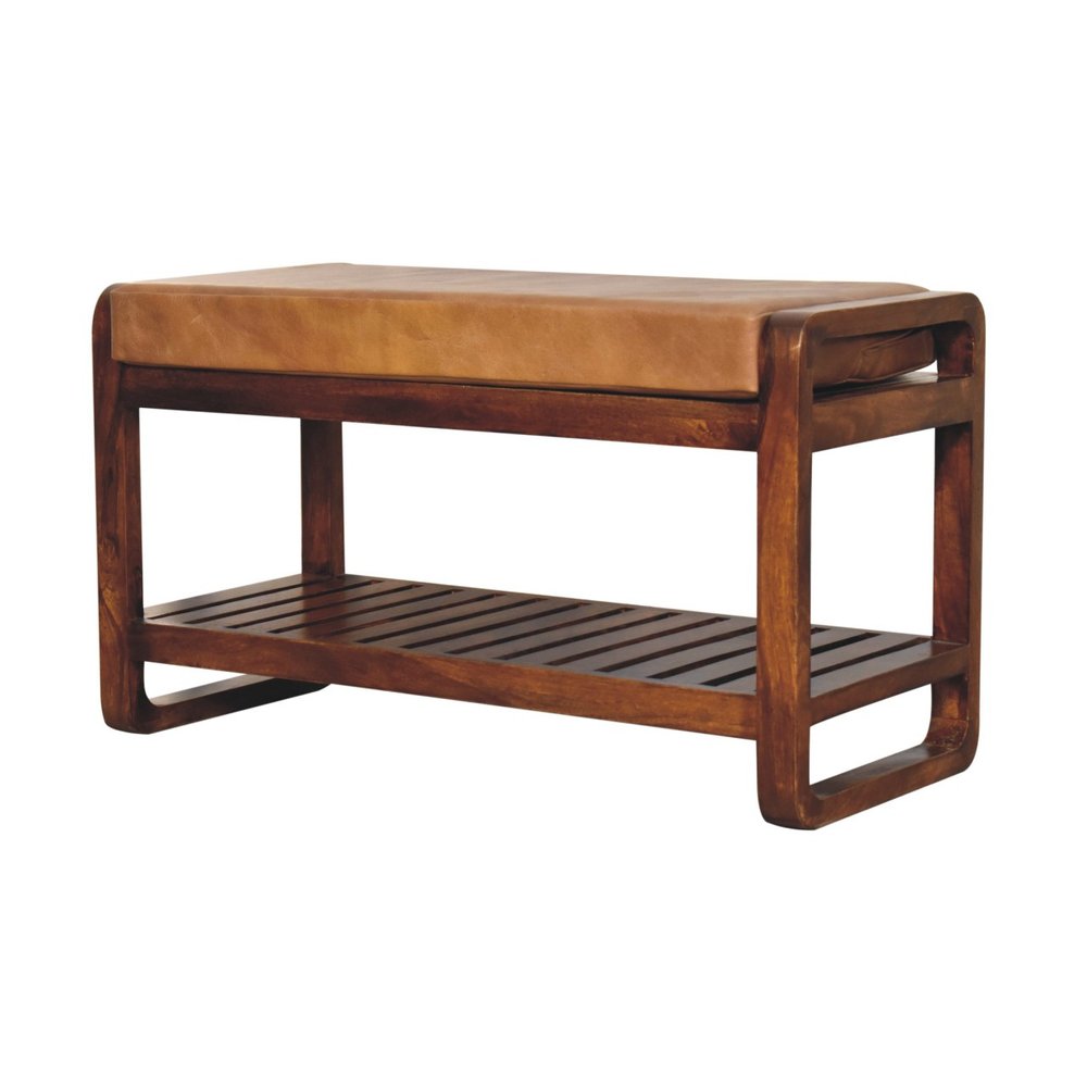 32" Tan and Brown Genuine Leather and Solid Wood Upholstered Storage Bench With Shelves