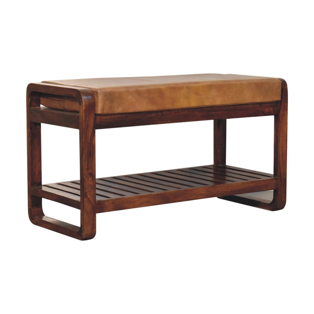 32" Tan and Brown Genuine Leather and Solid Wood Upholstered Storage Bench With Shelves