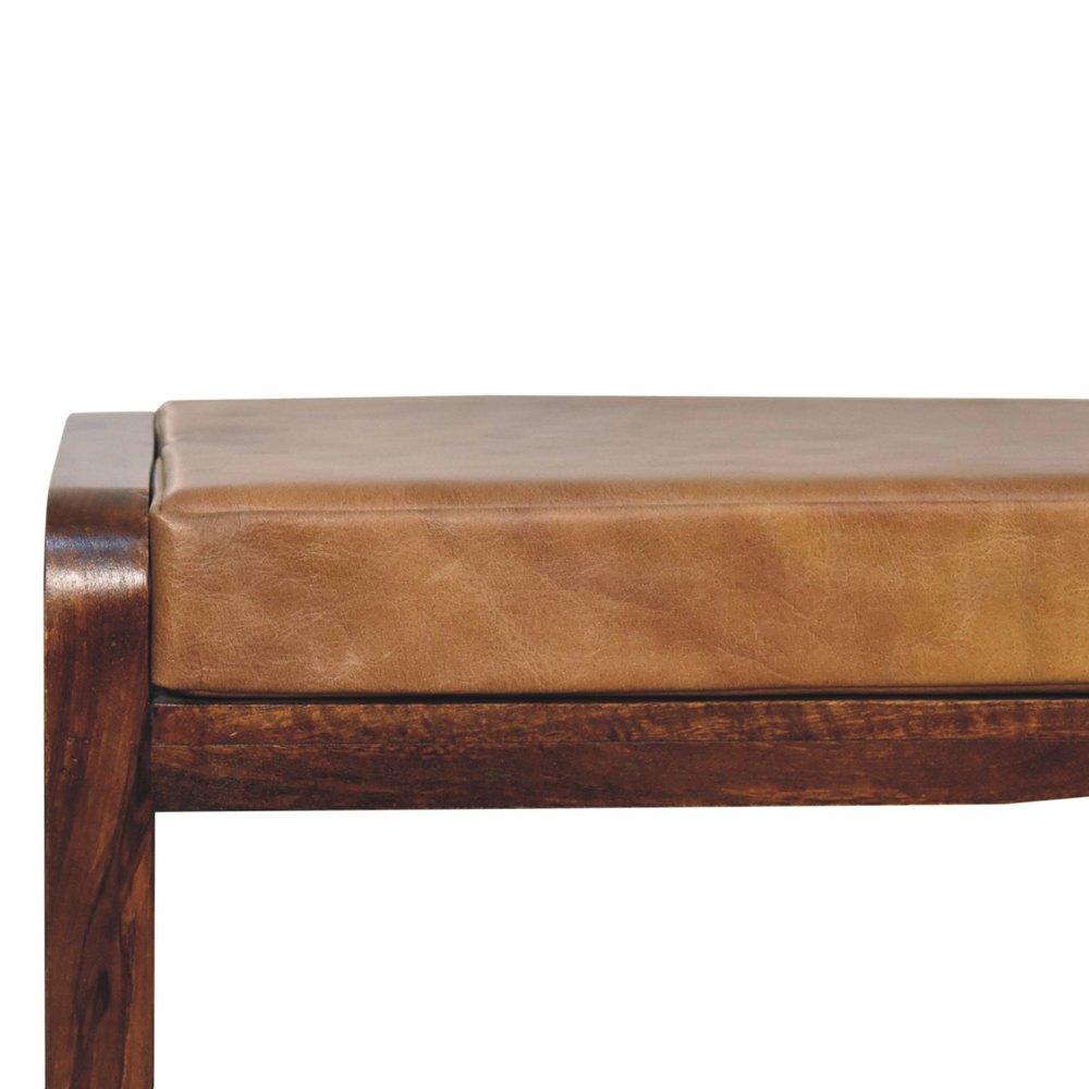32" Tan and Brown Genuine Leather and Solid Wood Upholstered Storage Bench With Shelves