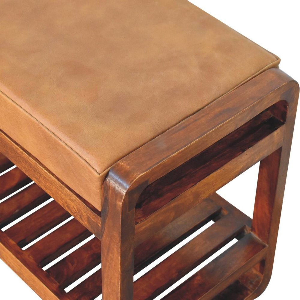 32" Tan and Brown Genuine Leather and Solid Wood Upholstered Storage Bench With Shelves