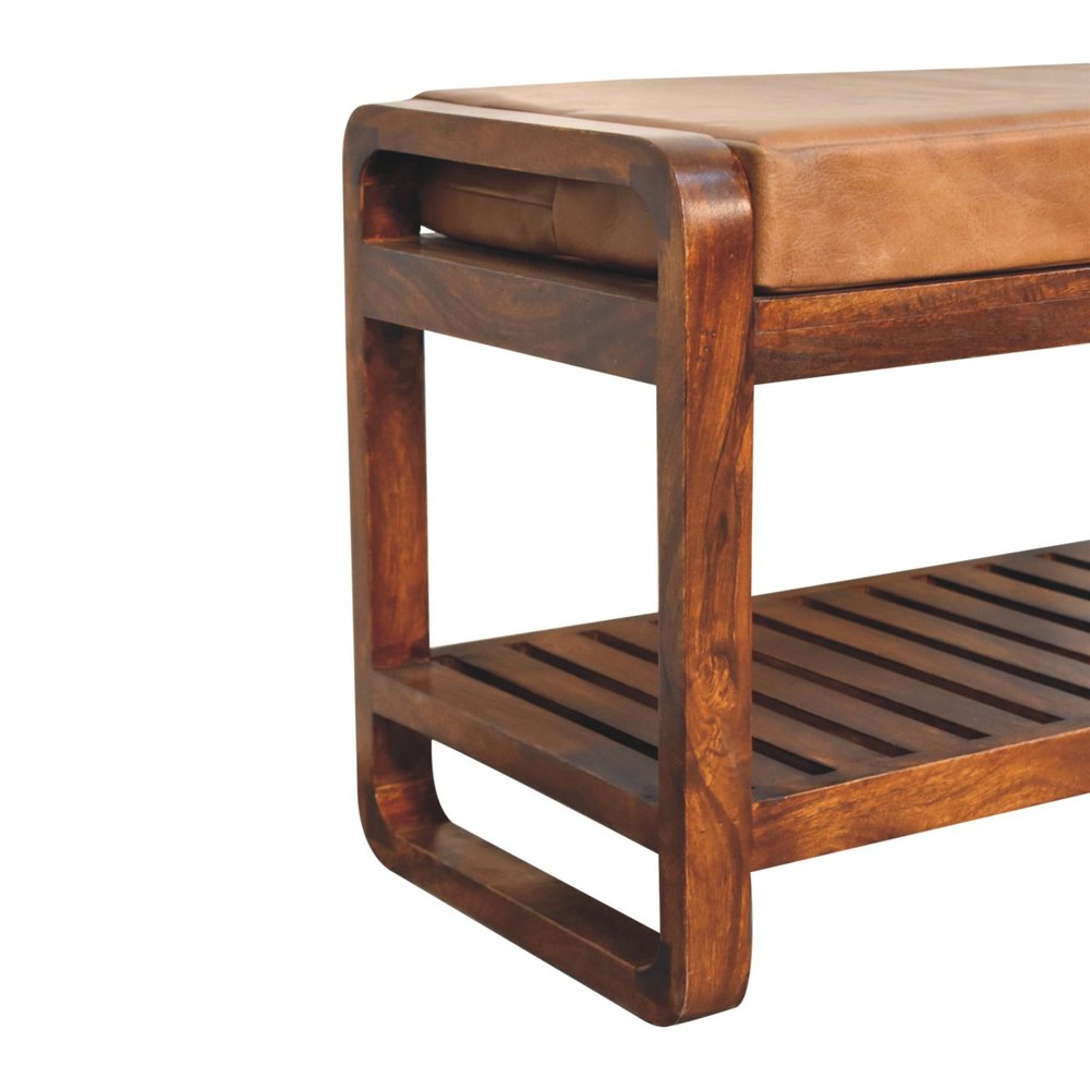32" Tan and Brown Genuine Leather and Solid Wood Upholstered Storage Bench With Shelves