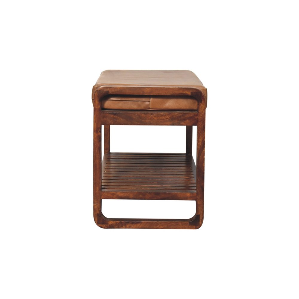 32" Tan and Brown Genuine Leather and Solid Wood Upholstered Storage Bench With Shelves