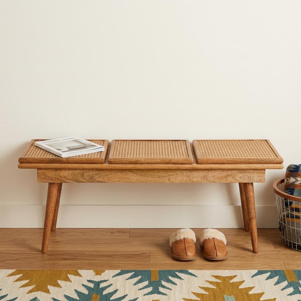 47" Brown and Oak Cane And Solid Wood Dining Bench