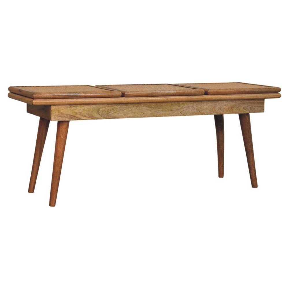 47" Brown and Oak Cane And Solid Wood Dining Bench