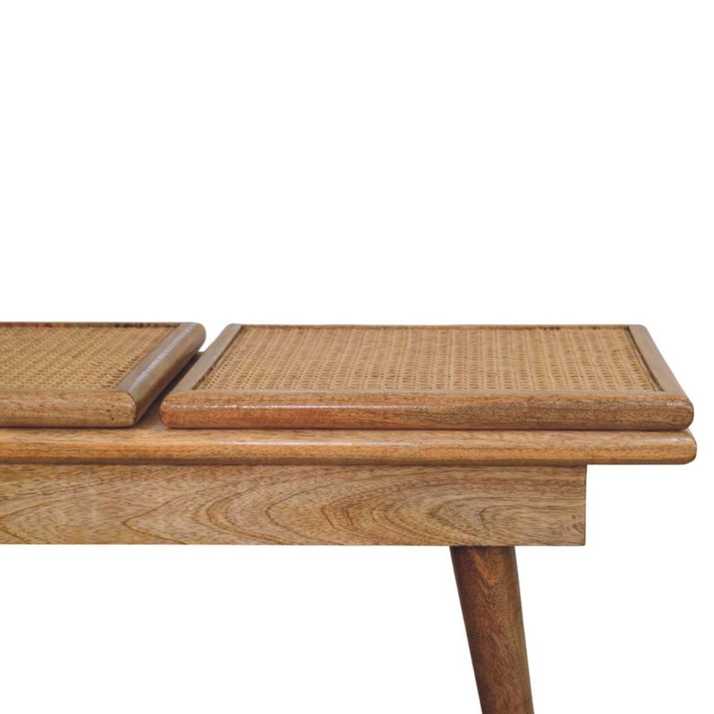 47" Brown and Oak Cane And Solid Wood Dining Bench