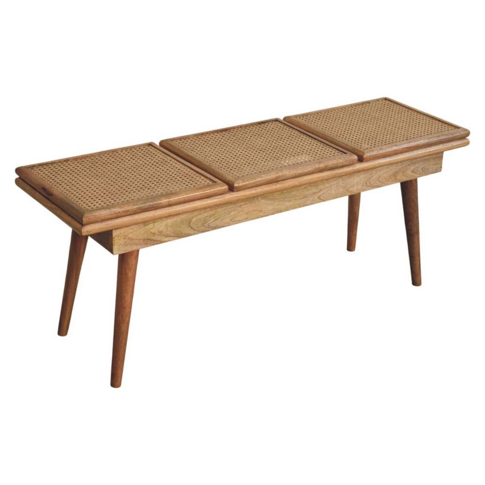 47" Brown and Oak Cane And Solid Wood Dining Bench