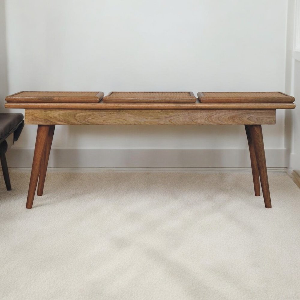 47" Brown and Oak Cane And Solid Wood Dining Bench