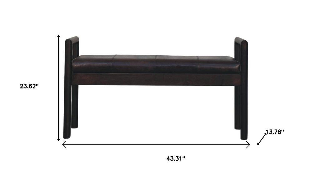 43" Black and Brown Genuine Leather and Solid Wood Upholstered Bench