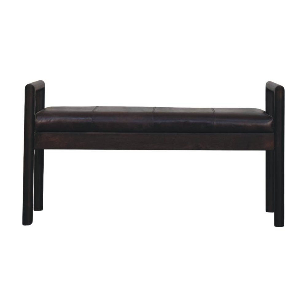 43" Black and Brown Genuine Leather and Solid Wood Upholstered Bench