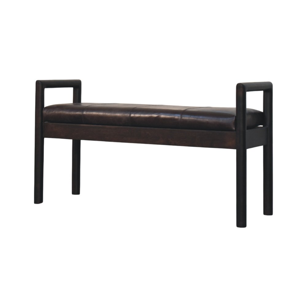 43" Black and Brown Genuine Leather and Solid Wood Upholstered Bench