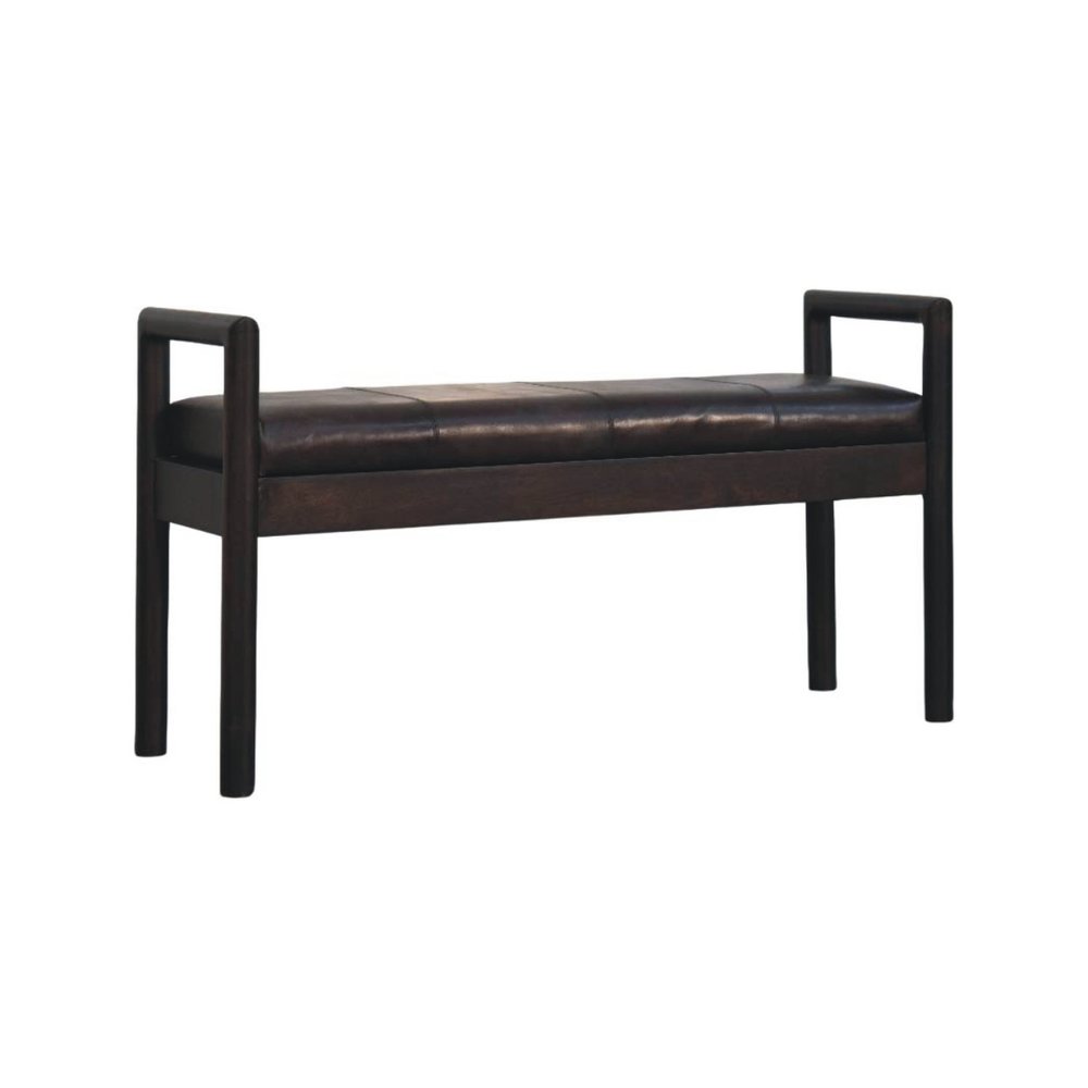 43" Black And Brown Genuine Leather And Solid Wood Upholstered Bench