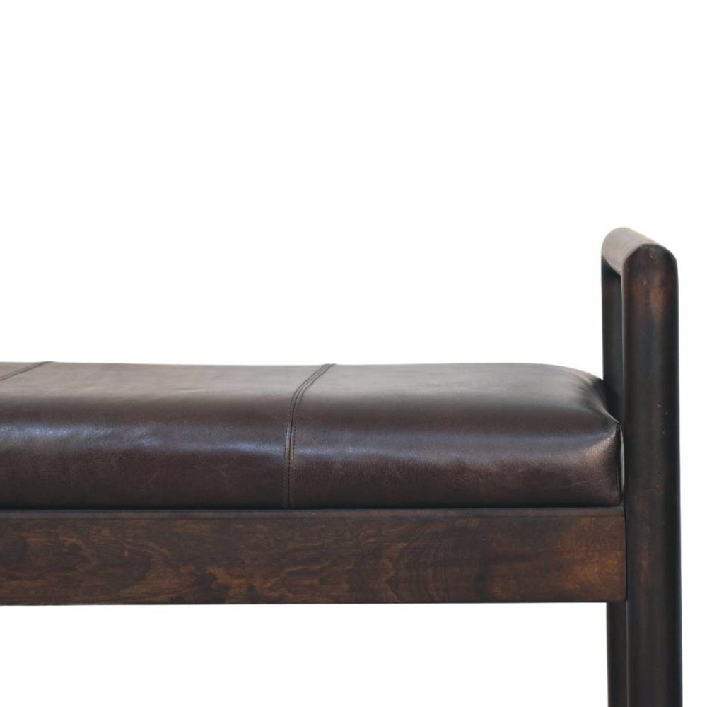43" Black and Brown Genuine Leather and Solid Wood Upholstered Bench