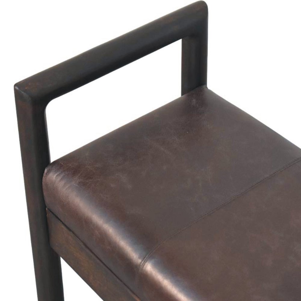 43" Black and Brown Genuine Leather and Solid Wood Upholstered Bench