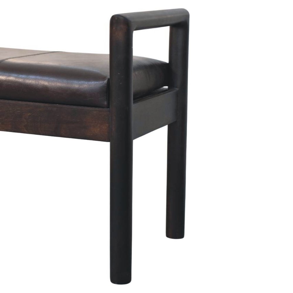 43" Black and Brown Genuine Leather and Solid Wood Upholstered Bench