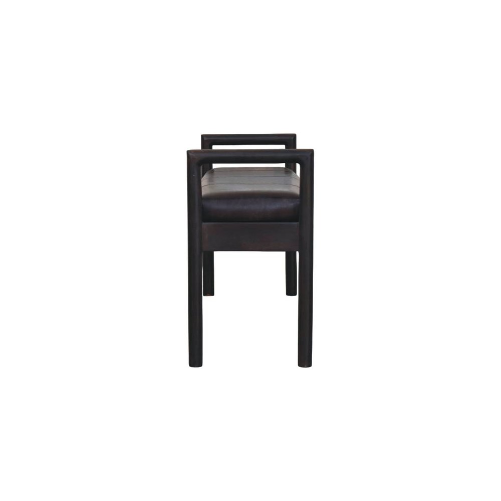43" Black and Brown Genuine Leather and Solid Wood Upholstered Bench