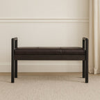 43" Black and Brown Genuine Leather and Solid Wood Upholstered Bench