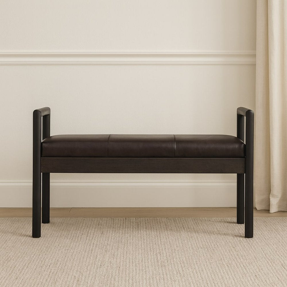 43" Black and Brown Genuine Leather and Solid Wood Upholstered Bench