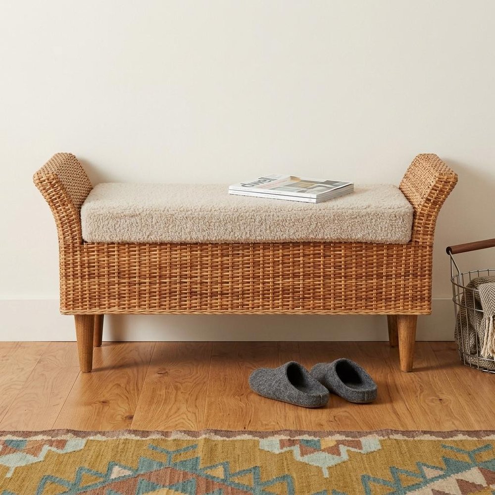 40" Cream and Brown Boucle Rattan and Solid Wood Upholstered Bench
