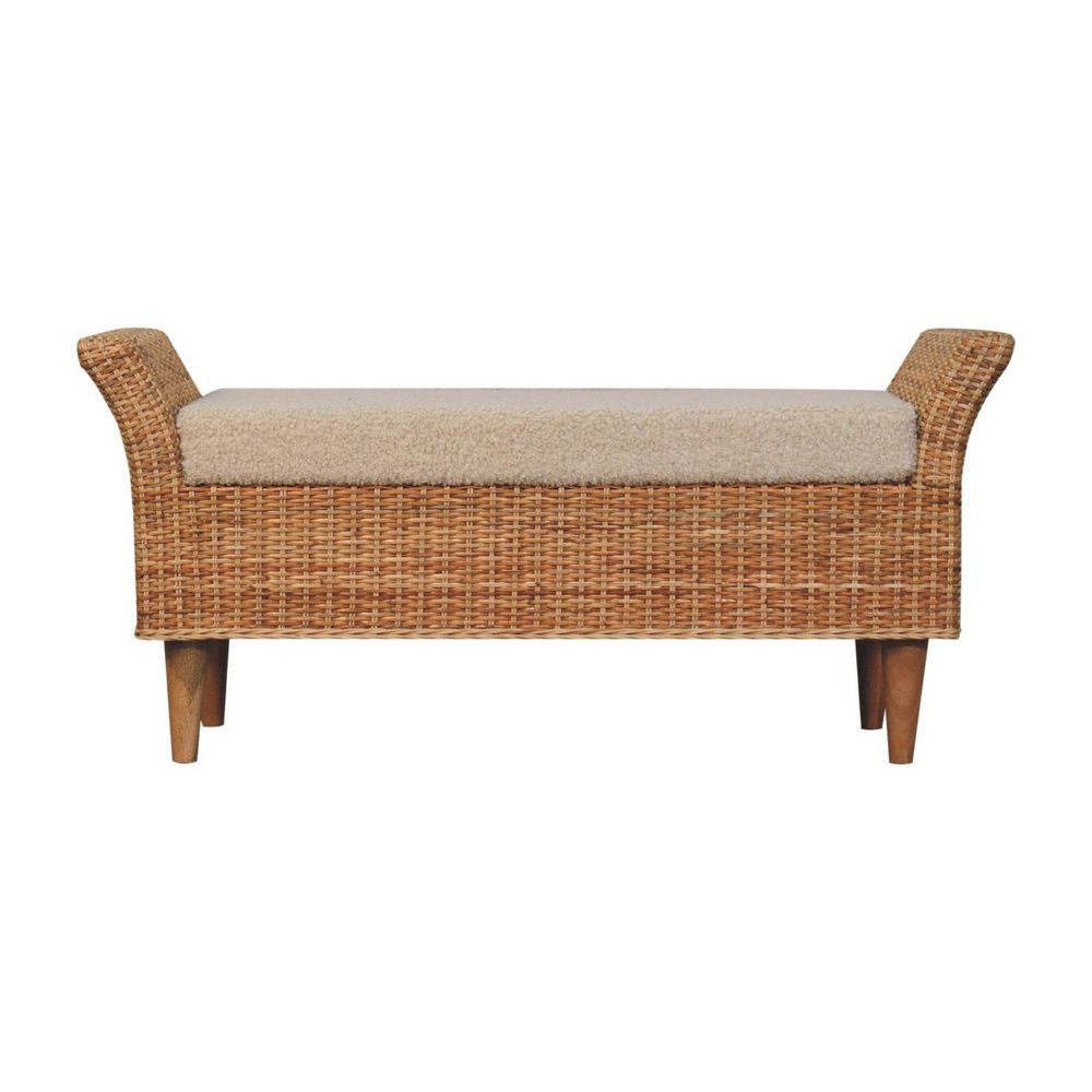 40" Cream and Brown Boucle Rattan and Solid Wood Upholstered Bench
