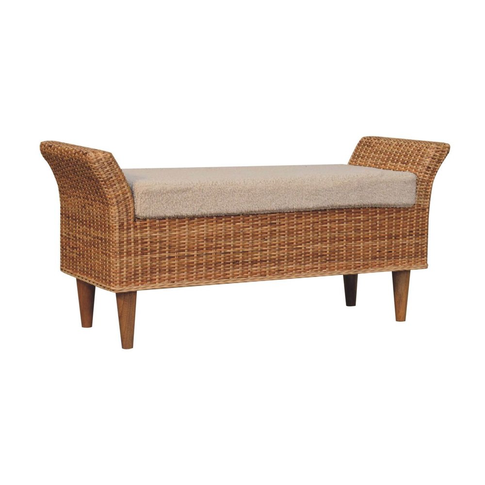 40" Cream and Brown Boucle Rattan and Solid Wood Upholstered Bench
