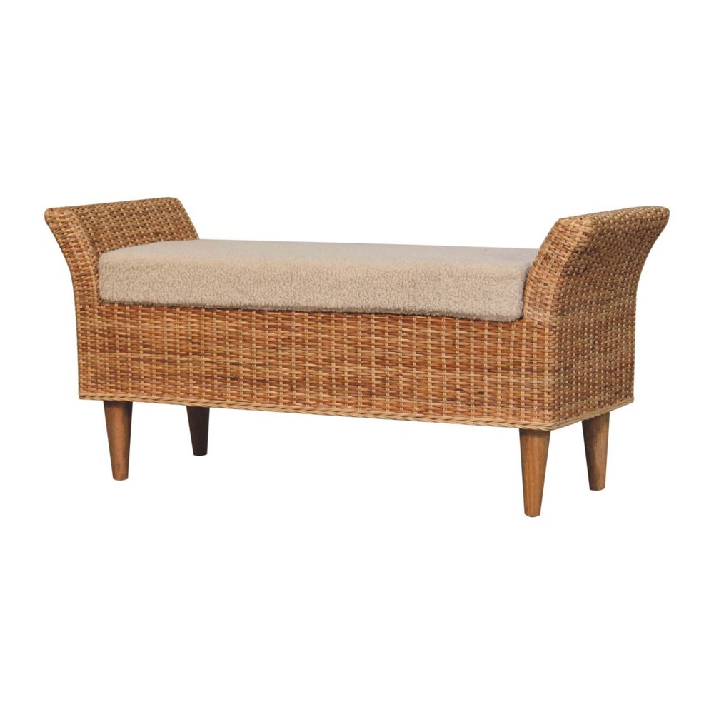 40" Cream and Brown Boucle Rattan and Solid Wood Upholstered Bench